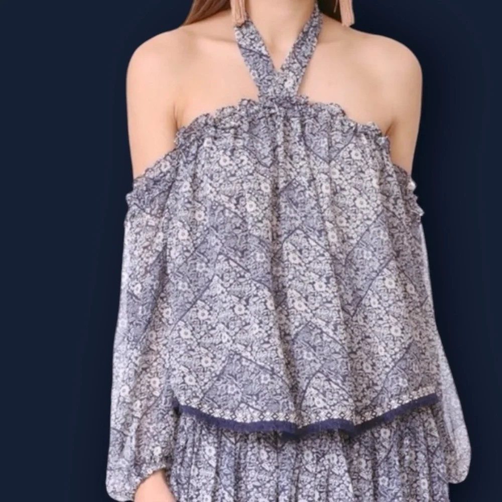 Misa Los Angeles Blue Floral Print ‘Livey’ Off The Shoulder Tie-Neck Top Size XS
